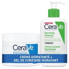 Pachet CeraVe: Crema hidratanta pentru piele uscata, 340g + Gel de curatare hidratant, 236 ml